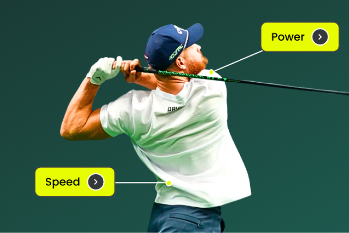 Golfer swing analysis showing power and speed metrics